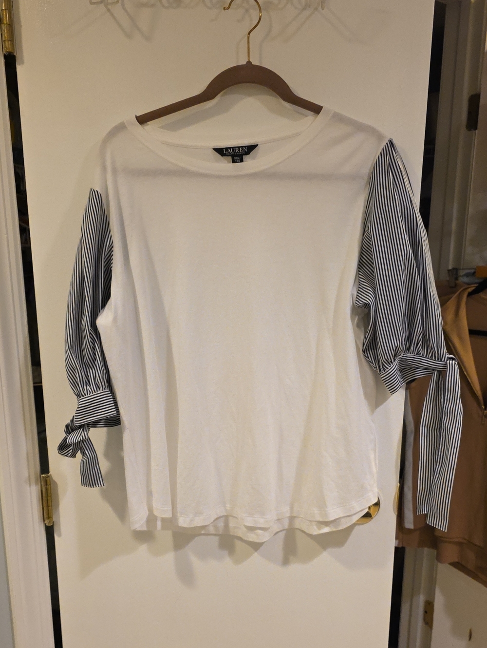 Ralph Lauren White Tee with Black-Striped Tie Sleeves